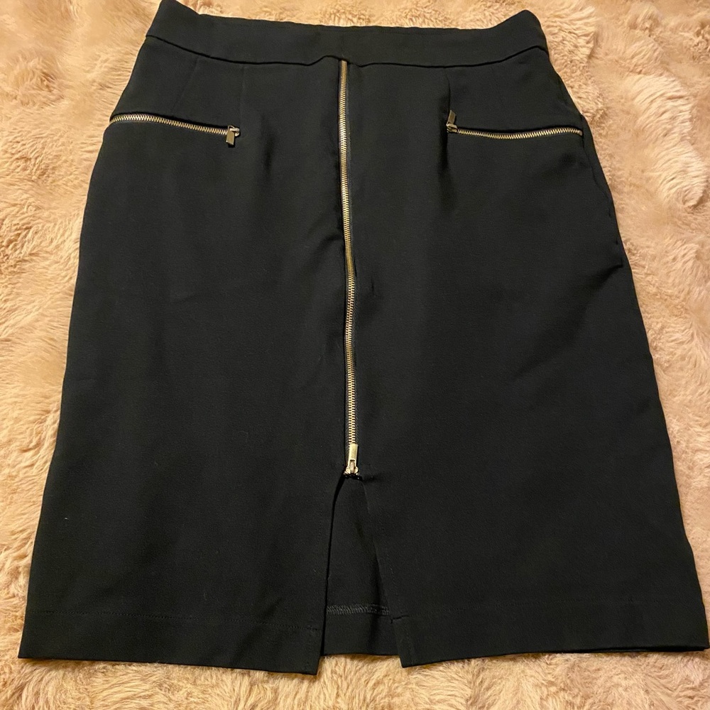 Jules and Leopold Black stretch Pencil Skirt with Gold Front Zipper